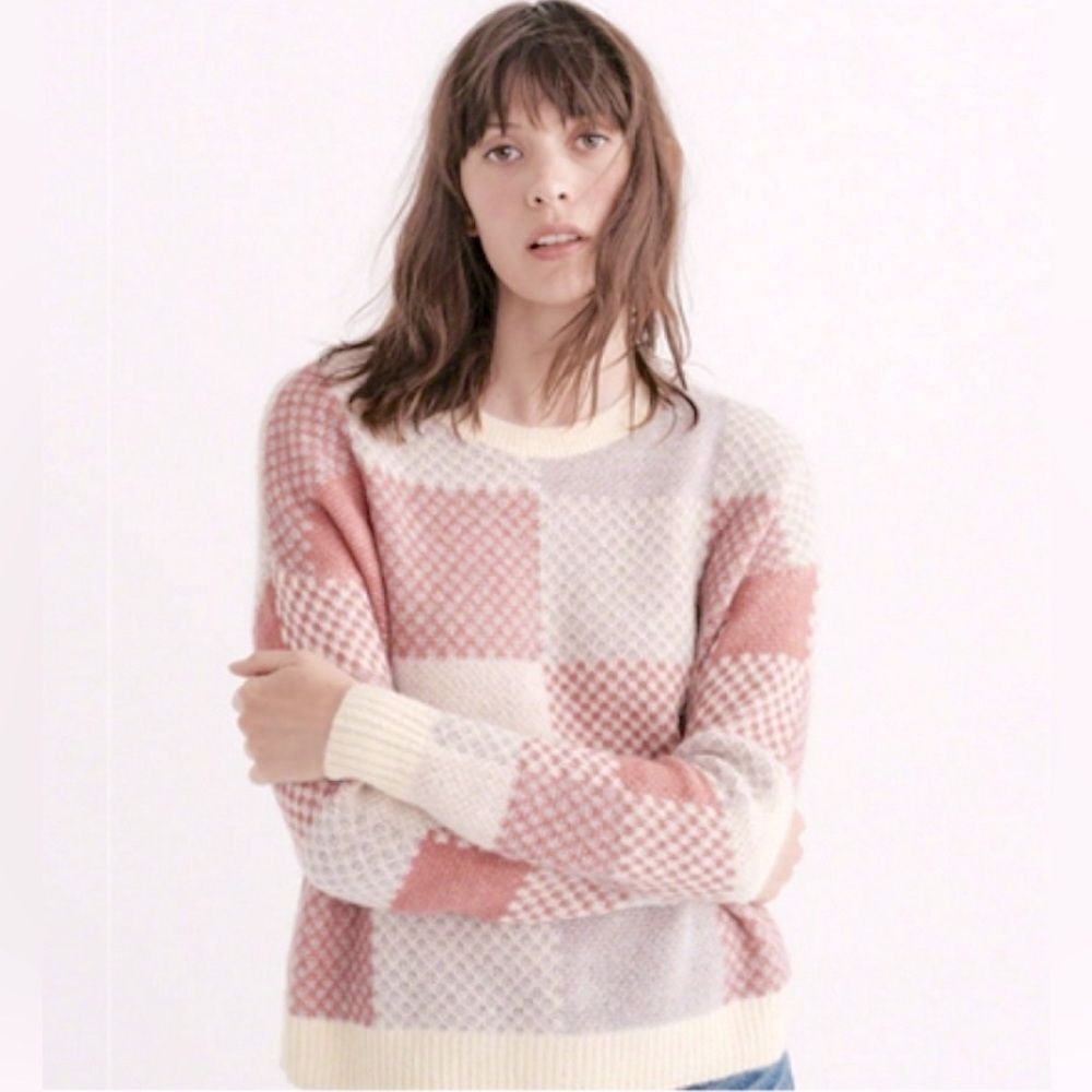 Abercrombie & Fitch Plaid Crew Mohair Blend Sweater Mauve/Grey/Cream size Small